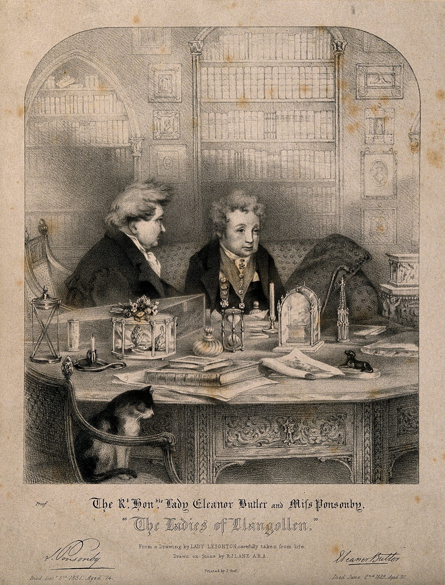 V0007358 Sarah Ponsonby (left)and Lady Eleanor Butler, recluses known Credit: Wellcome Library, London. Wellcome Images images@wellcome.ac.uk http://wellcomeimages.org Sarah Ponsonby (left)and Lady Eleanor Butler, recluses known as the Ladies of Llangollen, seated in their library. Lithograph by R.J. Lane, ca. 1832, after Mary Parker (later Lady Leighton), 1828. 1832 By: Mary Leightonafter: Richard James LanePublished: [ca. 1832?] Copyrighted work available under Creative Commons Attribution only licence CC BY 4.0 http://creativecommons.org/licenses/by/4.0/